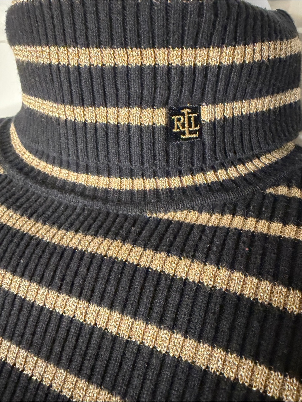 Lauren Ralph Lauren Black Gold Metallic Striped Ribbed Turtleneck Sweater L